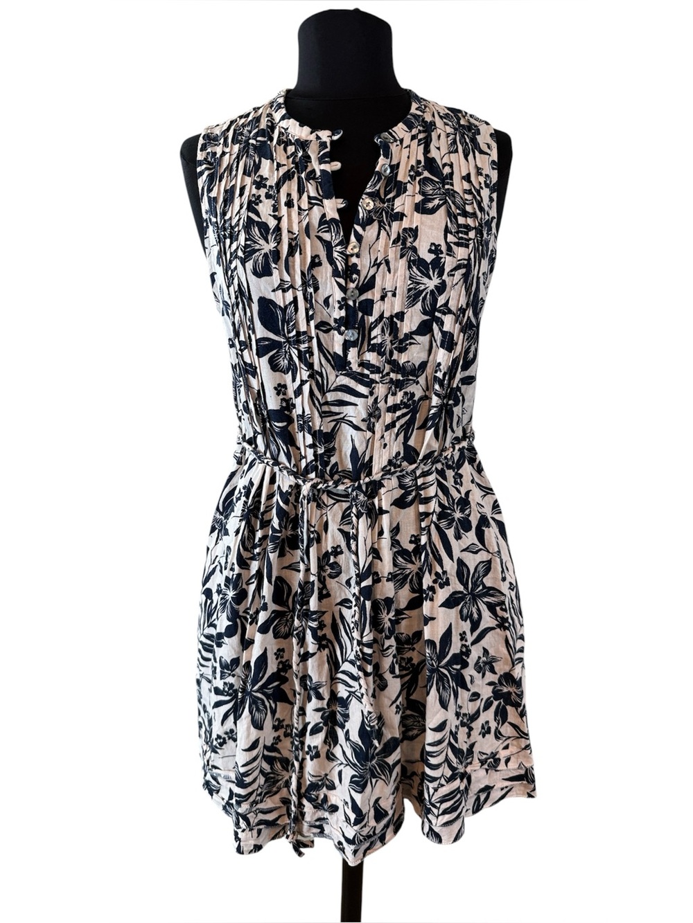 Faherty Navy & White Floral Sleeveless Linen Mini Dress Medium